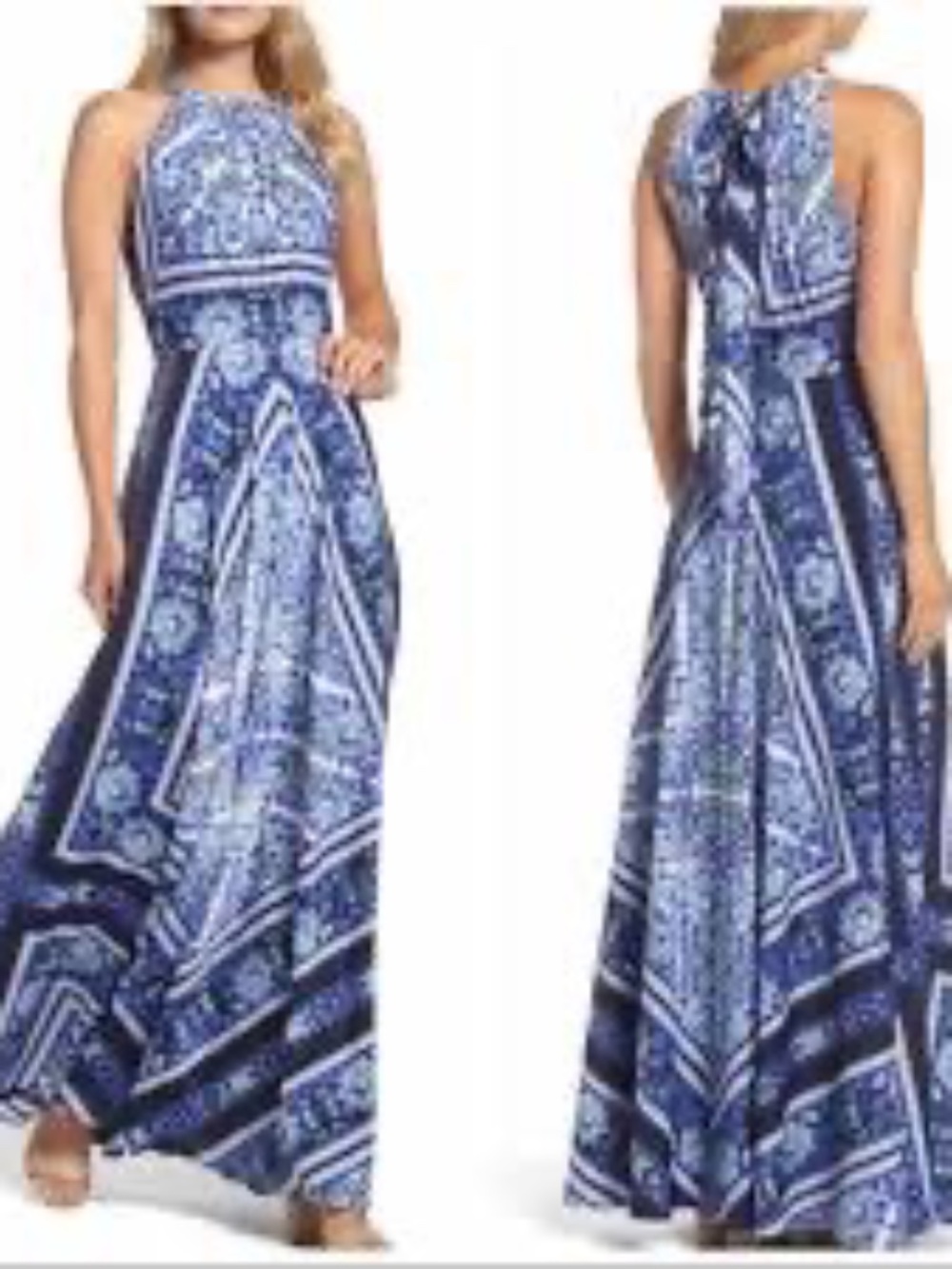 Eliza J Scarf Print Halter Neck Geometric Blue Maxi Dress Gown 4